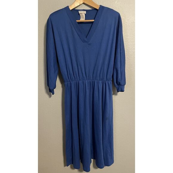 Vintage Womens Midi Dress Size 12 Blue Long Sleeve Neutral Minimalist 80s FLAW - Picture 1 of 12